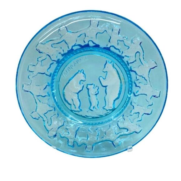 Vintage Indiana Glass Three Bears Tiara Aqua Glass Nursery Rhyme Plate - Picture 2 of 3